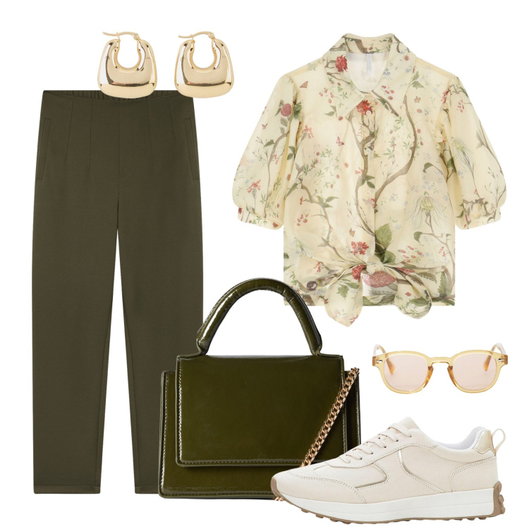 Outfit donna - Camicetta floreale. Stile Casual chic per Tutti i giorni. Abbinamento con sneakers, orecchini, pantaloni chino, borse a tracolla, occhiali da sole, camicie a manica corta.