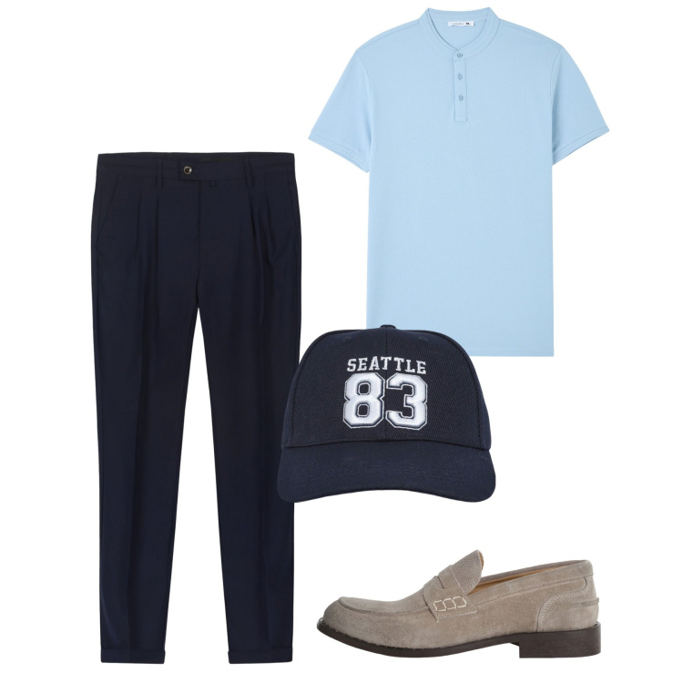 Outfit uomo - Agosto. Stile Casual per Tutti i giorni. Abbinamento con t-shirt, cappelli, scarpe stringate, pantaloni.