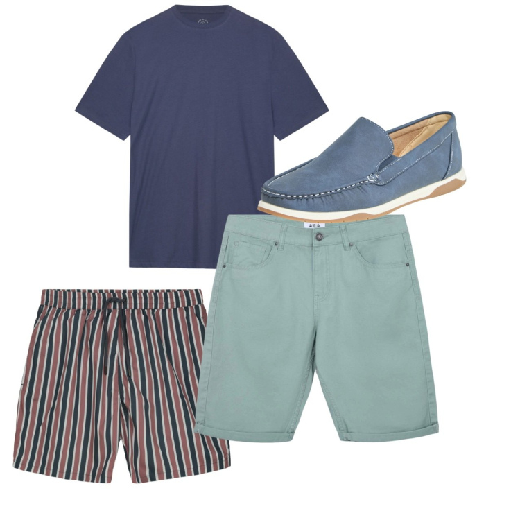 Outfit uomo - City. Stile Casual per Tutti i giorni. Abbinamento con scarpe stringate, bermuda, t-shirt, costumi.