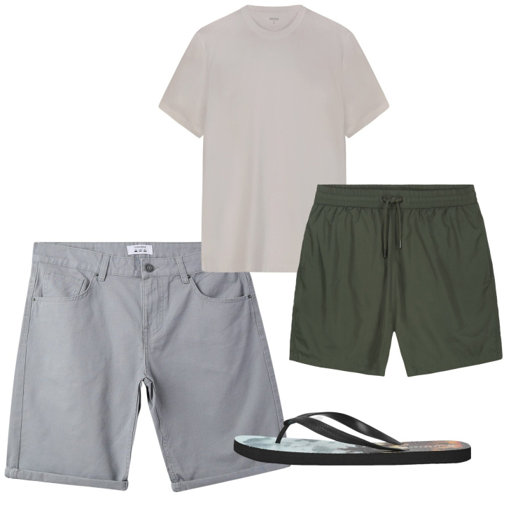 Outfit uomo - Agosto di chi ha una vita. Stile Casual per Mare. Abbinamento con bermuda, sandali, t-shirt, costumi.