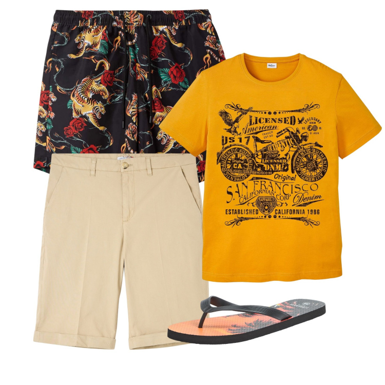 Outfit uomo - Agosto. Stile Casual per Mare. Abbinamento con t-shirt, bermuda, sandali, costumi.