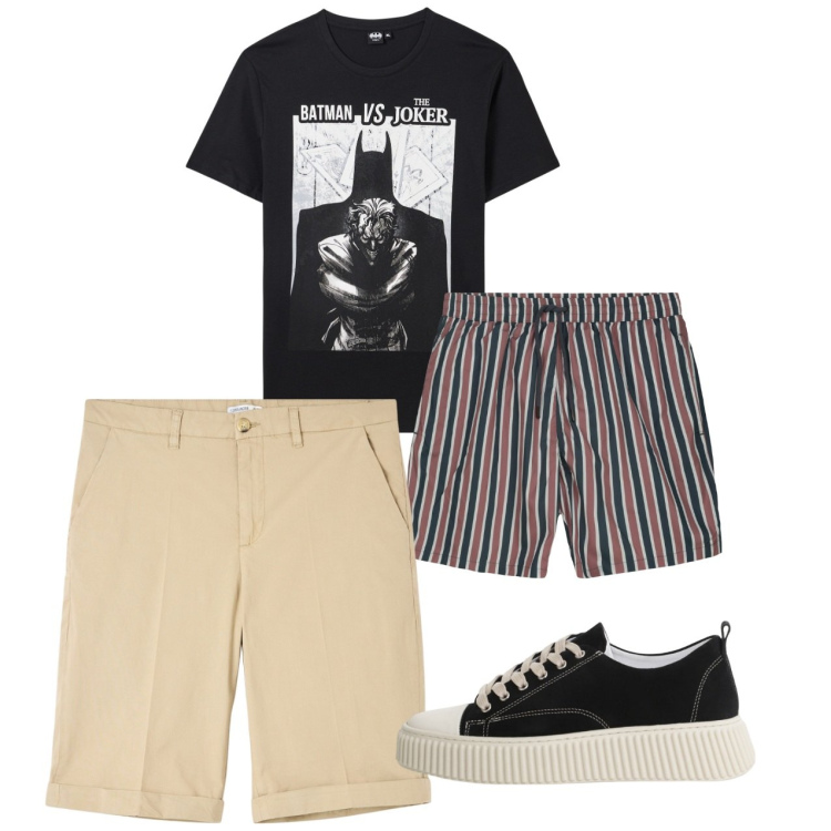 Outfit uomo - Agosto. Stile Casual per Tutti i giorni. Abbinamento con bermuda, t-shirt, sneakers, costumi.