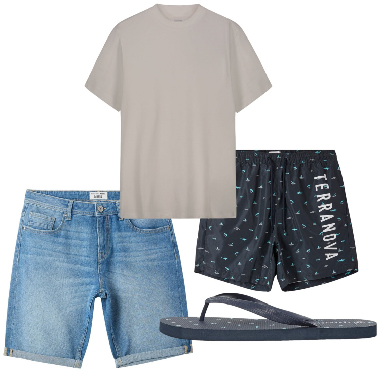 Outfit uomo - Agosto. Stile Casual per Tutti i giorni. Abbinamento con bermuda, sandali, costumi, t-shirt.
