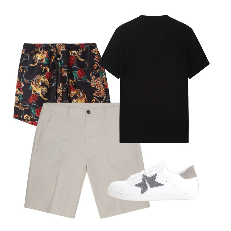 Outfit uomo - Agosto. Stile Casual per Tutti i giorni. Abbinamento con costumi, sneakers, bermuda, t-shirt.