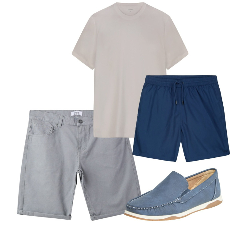 Outfit uomo - Agosto. Stile Casual per Tutti i giorni. Abbinamento con scarpe stringate, bermuda, t-shirt, costumi.