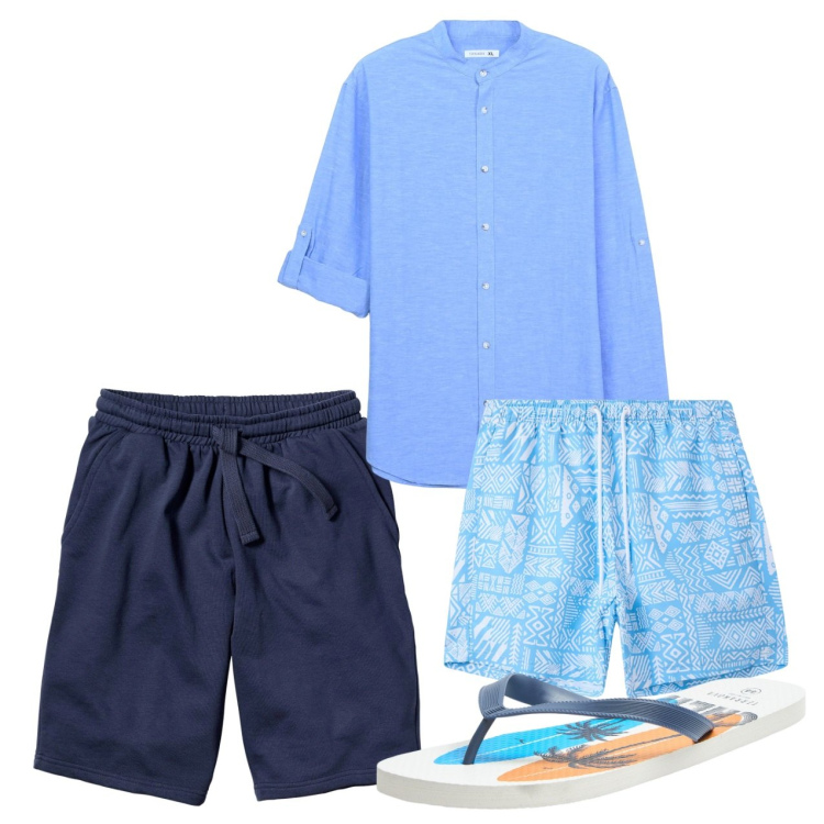 Outfit uomo - Agosto. Stile Casual per Mare. Abbinamento con bermuda, sandali, camicie, costumi.
