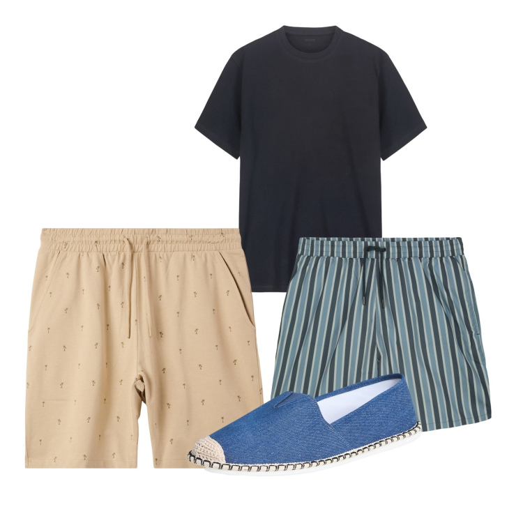 Outfit uomo - Agosto. Stile Casual per Mare. Abbinamento con espadrillas, bermuda, t-shirt, costumi.