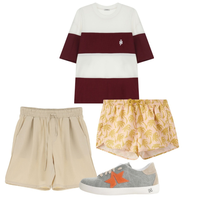 Outfit uomo - Agosto. Stile Casual per Mare. Abbinamento con costumi, t-shirt, sneakers, bermuda.