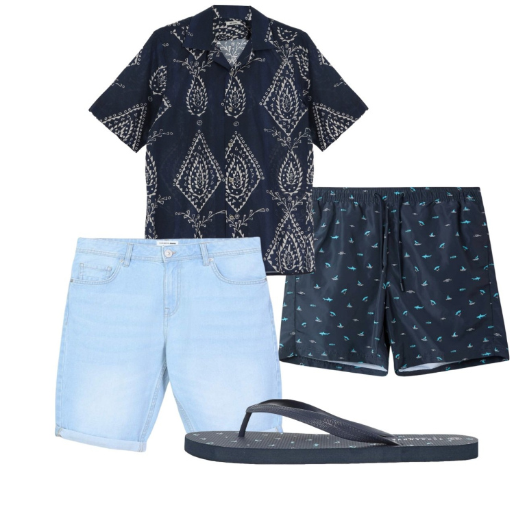 Outfit uomo - Agosto. Stile Casual per Mare. Abbinamento con costumi, sandali, bermuda, camicie a manica corta.