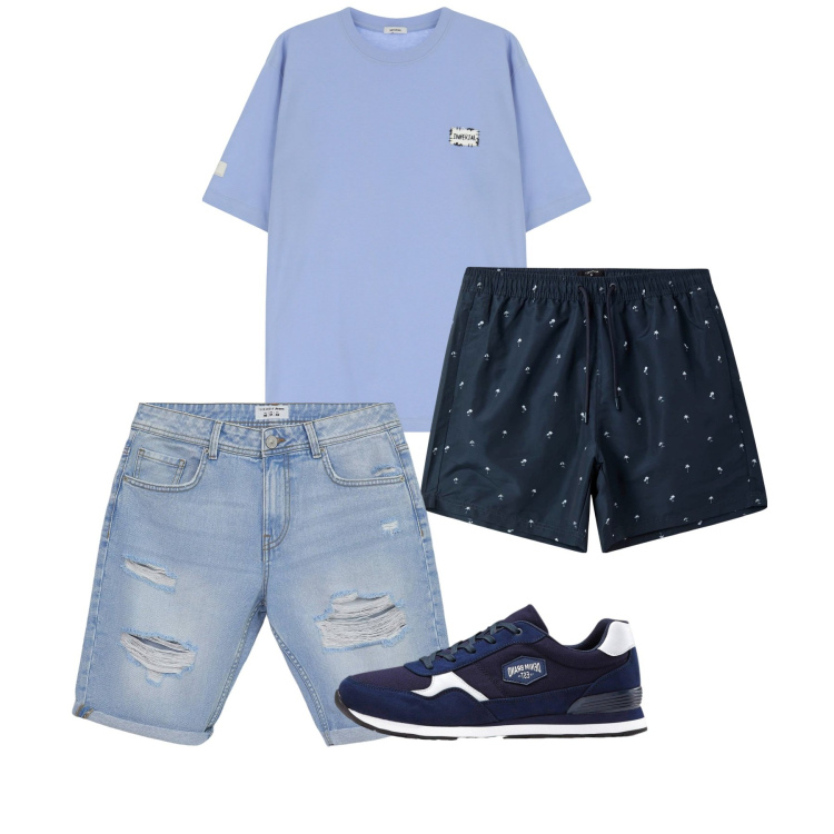 Outfit uomo - Agosto. Stile Casual per Tutti i giorni. Abbinamento con sneakers, bermuda, costumi, t-shirt.