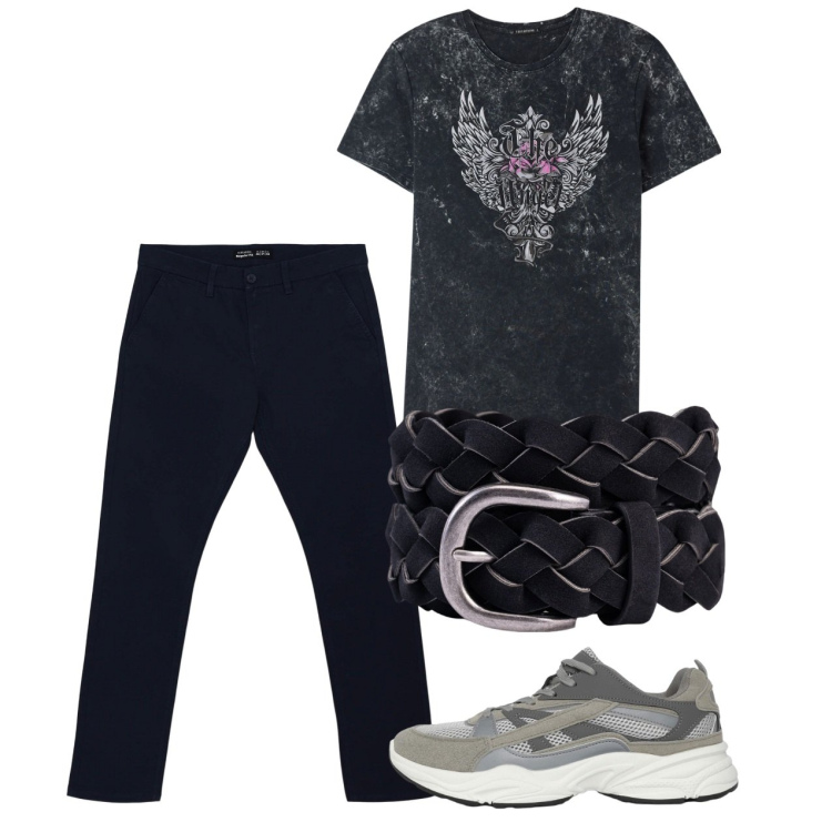 Outfit uomo - Black city. Stile Casual per Tutti i giorni. Abbinamento con sneakers, t-shirt, pantaloni chino, cinture.
