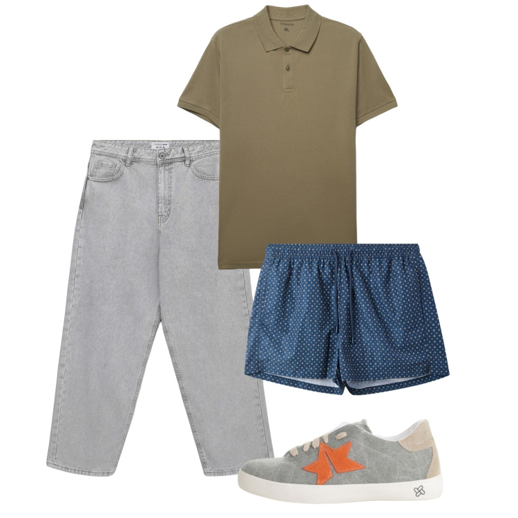Outfit uomo - Agosto. Stile Casual per Tutti i giorni. Abbinamento con jeans, costumi, polo, sneakers.