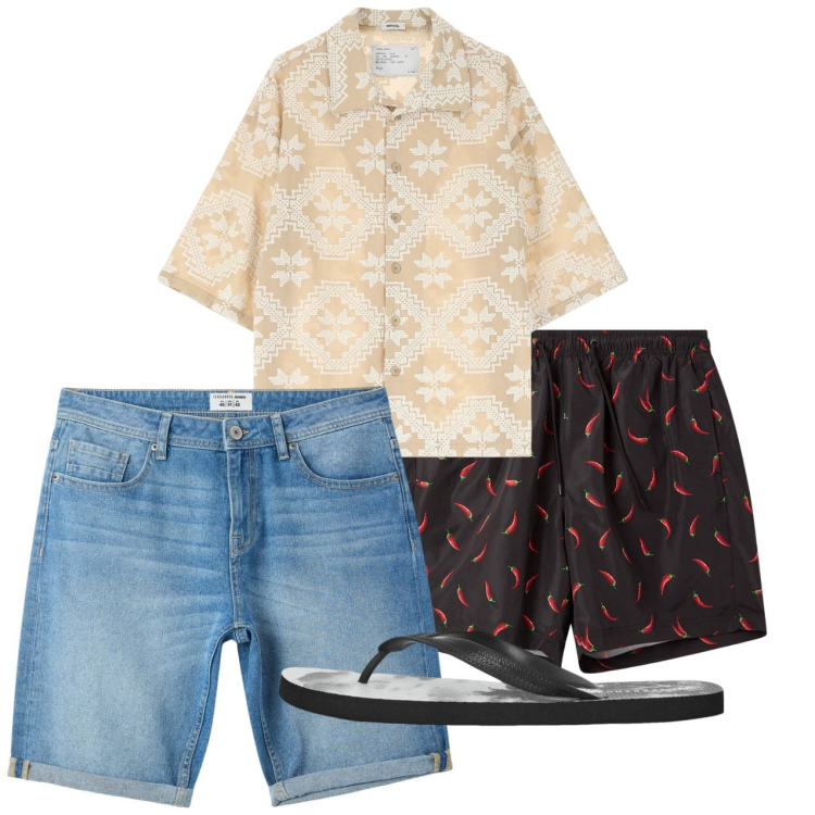 Outfit uomo - Mare. Stile Casual per Mare. Abbinamento con bermuda, sandali, costumi, camicie a manica corta.