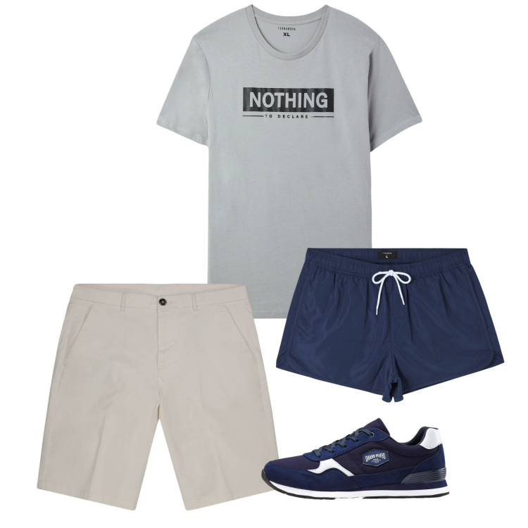 Outfit uomo - Agosto. Stile Casual per Tutti i giorni. Abbinamento con sneakers, costumi, t-shirt, bermuda.