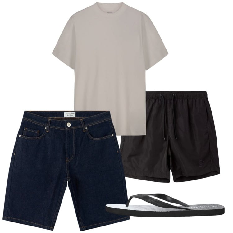 Outfit uomo - Agosto. Stile Casual per Tutti i giorni. Abbinamento con bermuda, sandali, costumi, t-shirt.