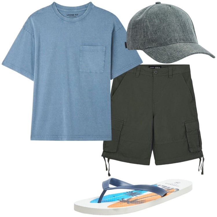 Outfit uomo - Total look #2235587. Stile Casual per Mare. Abbinamento con t-shirt, cappelli, sandali, bermuda.