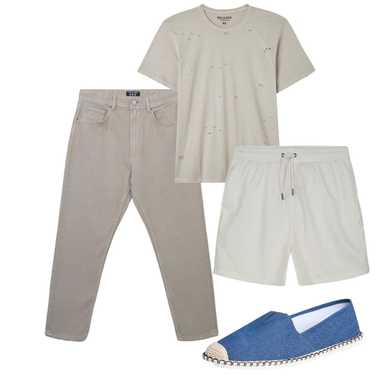 Outfit uomo - Agosto. Stile Casual per Tutti i giorni. Abbinamento con t-shirt, espadrillas, jeans, costumi.