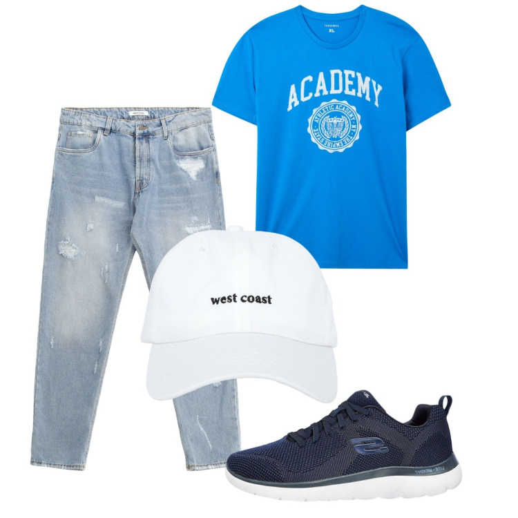 Outfit uomo - City city. Stile Casual per Tutti i giorni. Abbinamento con sneakers, cappelli, t-shirt sportive, jeans strappati.