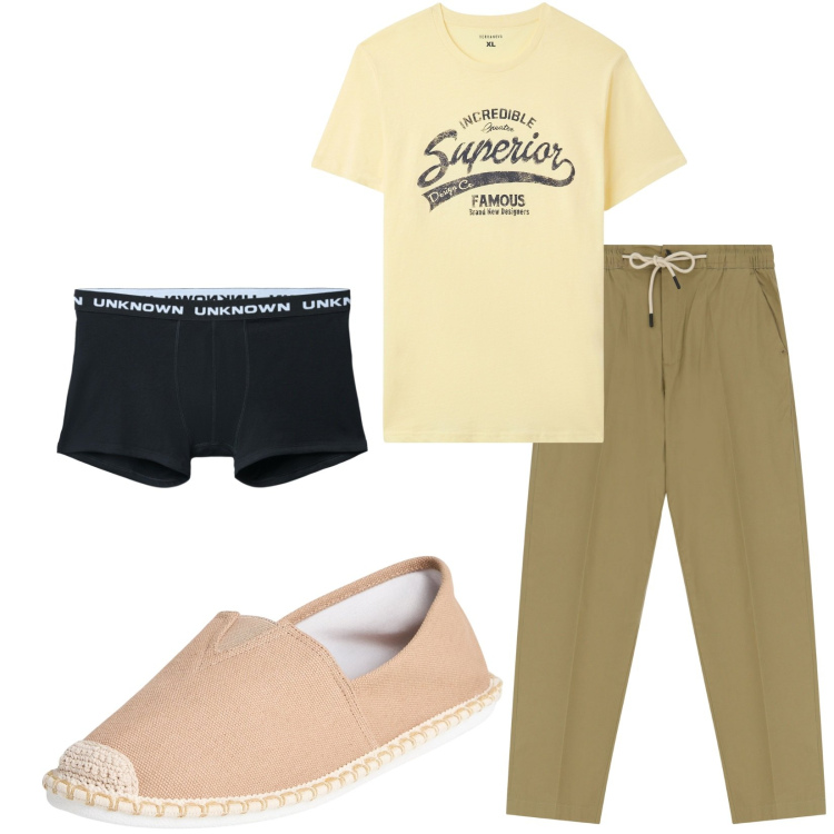 Outfit uomo - Total look #2235592. Stile Casual per Tutti i giorni. Abbinamento con espadrillas, t-shirt, boxer, pantaloni chino.