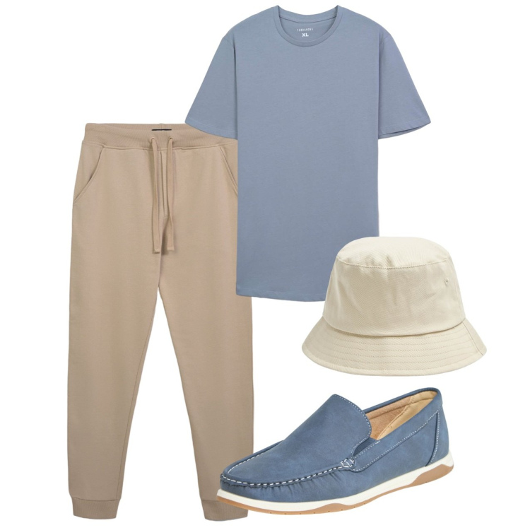 Outfit uomo - Agosto. Stile Casual per Tutti i giorni. Abbinamento con cappelli, scarpe stringate, t-shirt, pantaloni.