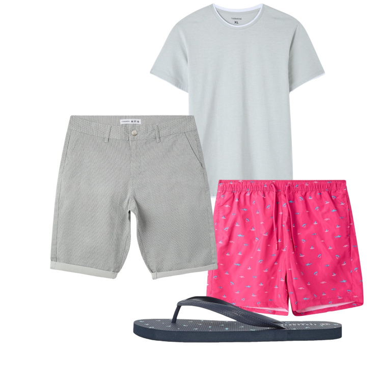 Outfit uomo - Mare in rosa. Stile Casual per Tutti i giorni. Abbinamento con t-shirt, pantaloni corti, sandali, costumi.
