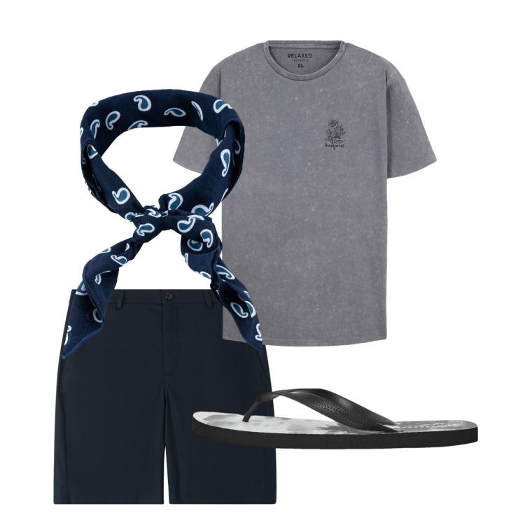 Outfit uomo - Agosto. Stile Casual per Tutti i giorni. Abbinamento con t-shirt, sandali, pantaloni corti, sciarpe e foulard.