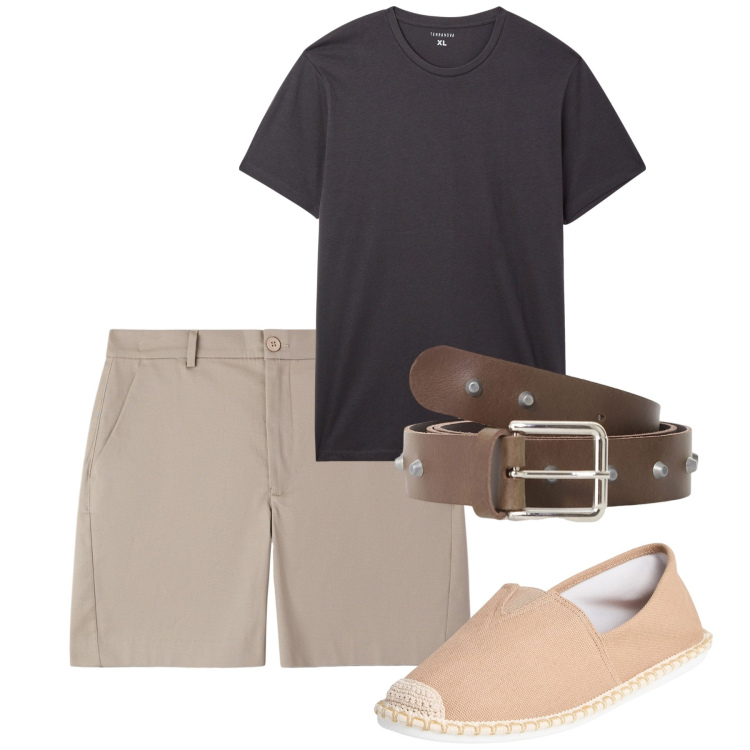 Outfit uomo - Agosto. Stile Casual per Tutti i giorni. Abbinamento con espadrillas, t-shirt, pantaloni corti, cinture.