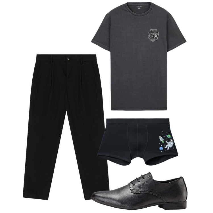 Outfit uomo - I boxer neri. Stile Urban per Tutti i giorni. Abbinamento con scarpe stringate, t-shirt, boxer, pantaloni chino.