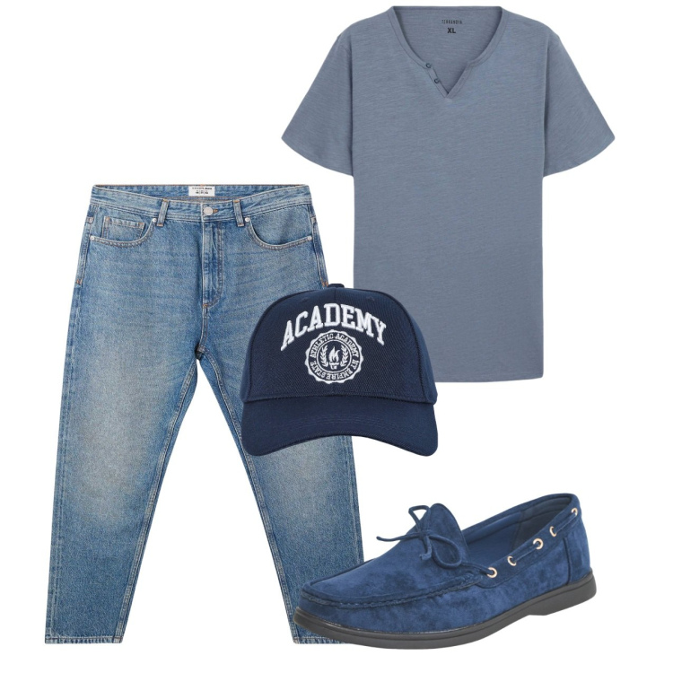 Outfit uomo - Agosto sportivo. Stile Casual per Tutti i giorni. Abbinamento con scarpe stringate, jeans, cappelli con visiera, t-shirt.