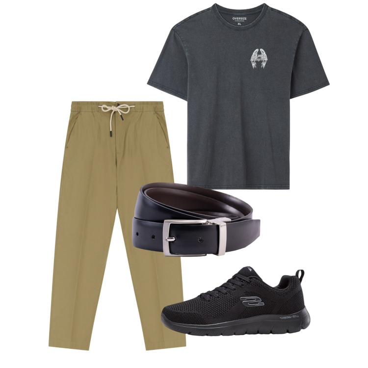 Outfit uomo - Chi ha una vita. Stile Casual per Tutti i giorni. Abbinamento con sneakers, t-shirt, pantaloni chino, cinture.