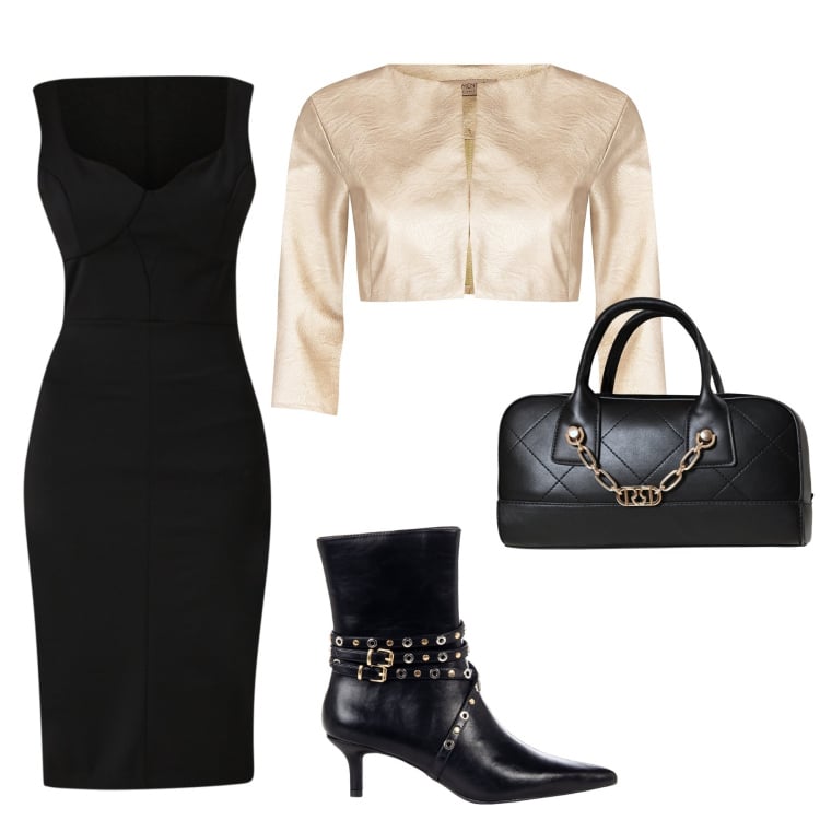 Outfit donna - L\'eleganza veste oro e nero. Stile Glamour per Serata fuori. Abbinamento con vestiti a tubino, bolero, stivaletti, borse a mano.