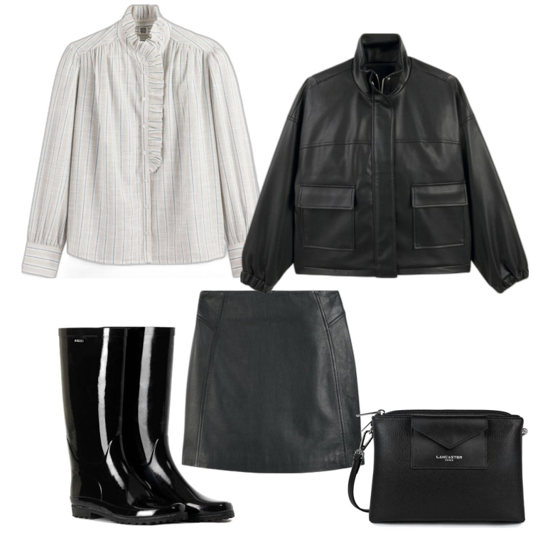 Outfit mujer - Chic #9909. Estilo Chic para Oficina. Combinación con botas, minifaldas, bandoleras, blazers, camisas.