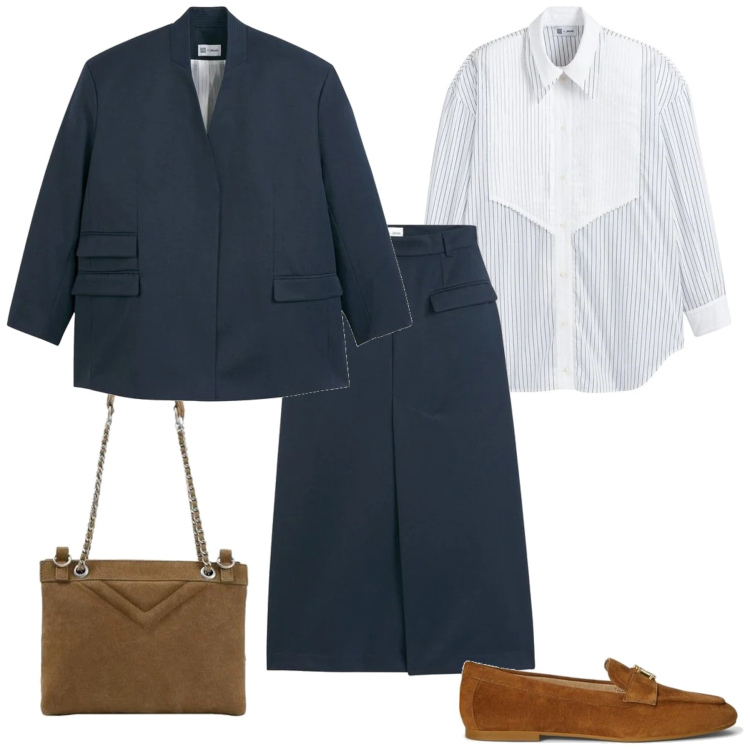 Outfit mujer - Casual chic #14276. Estilo Casual chic para Oficina. Combinación con falda longuette, mocasines, bandoleras, camisas, blazers.