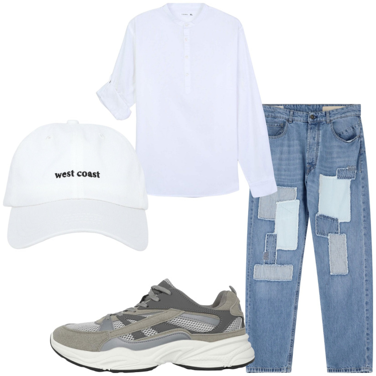 Outfit uomo - Total look #2235633. Stile Casual per Tutti i giorni. Abbinamento con cappelli, camicie, sneakers, jeans dritti.