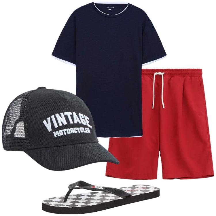 Outfit uomo - Total look #2235635. Stile Casual per Mare. Abbinamento con sandali, cappelli, t-shirt, bermuda.