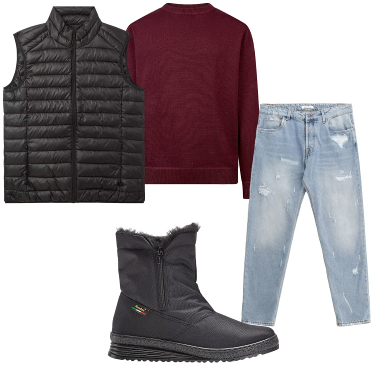 Outfit uomo - Total look #2235637. Stile Casual per Tutti i giorni. Abbinamento con stivali e stivaletti, piumini, jeans strappati, maglieria.