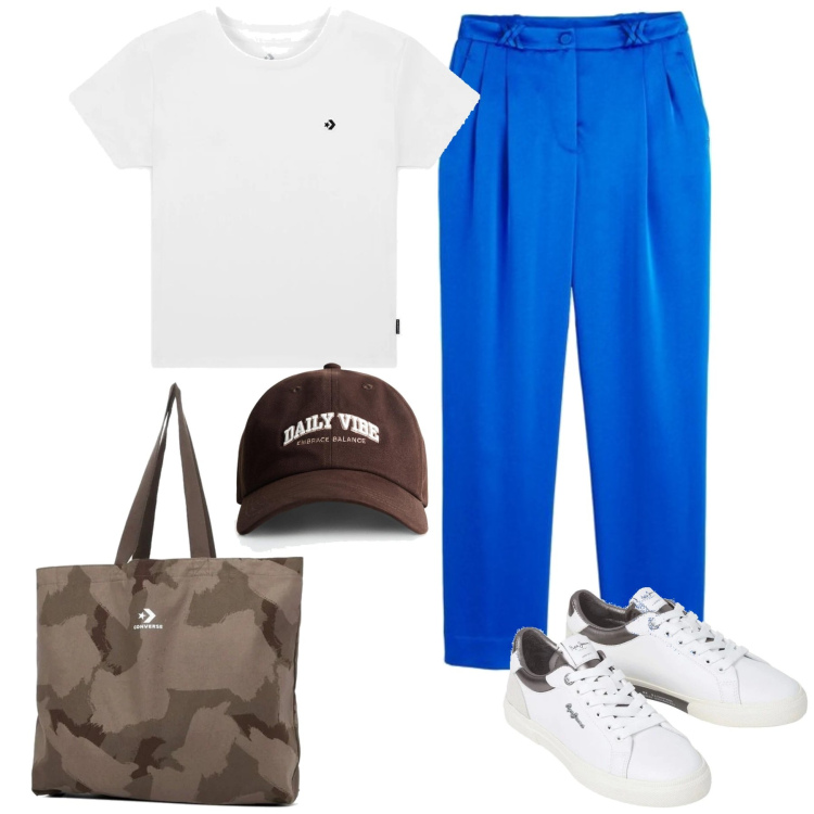 Outfit mujer - Casual #9530. Estilo Casual para Todos los días. Combinación con sneakers, pantalones, bolso tote, camiseta, sombreros.
