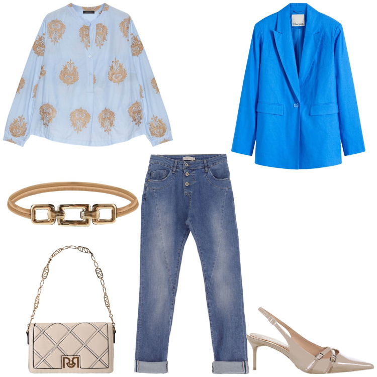 Outfit donna - Settembre - invitata ad una festa.. Stile Bon Ton per Serata fuori. Abbinamento con blazer, borse a tracolla, décolleté, cinture, jeans slim fit, bluse.