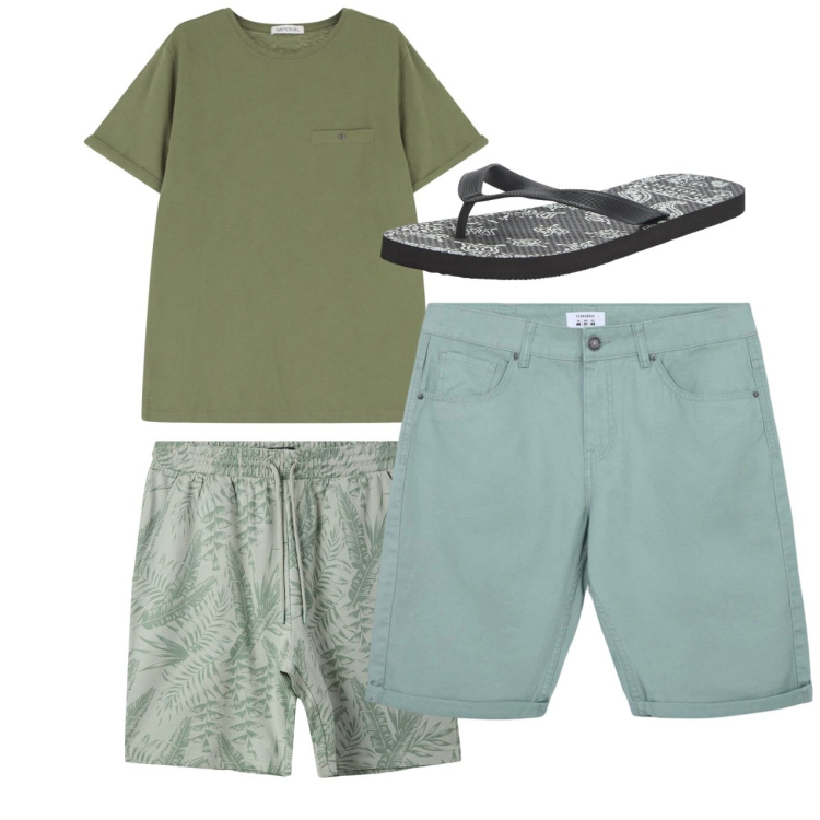 Outfit uomo - Total look city. Stile Casual per Tutti i giorni. Abbinamento con sandali, bermuda, costumi, t-shirt.
