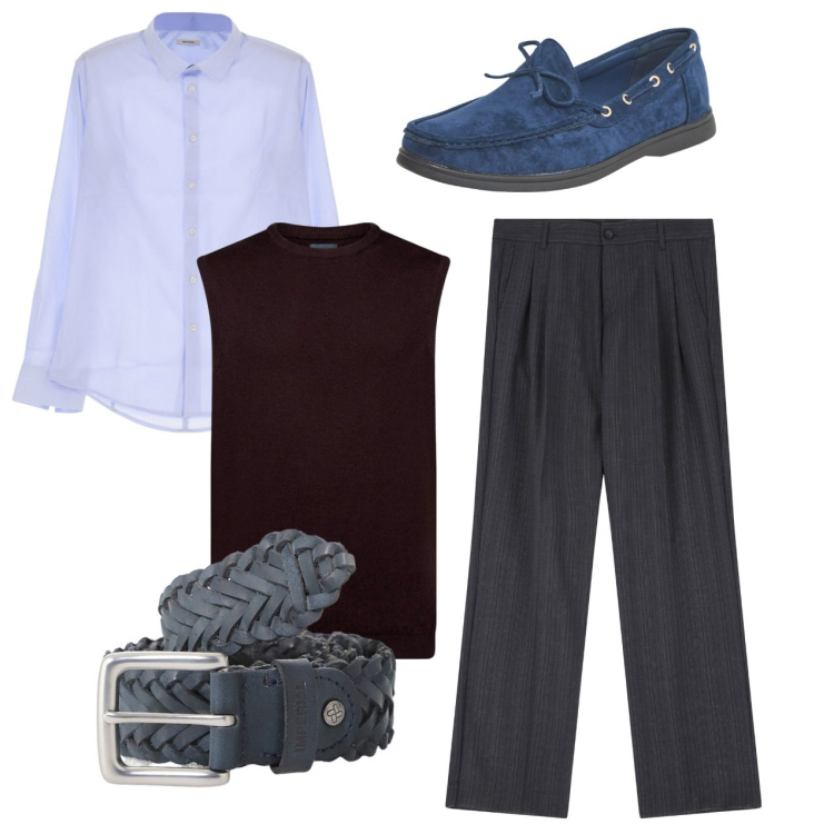 Outfit uomo - Total look. Stile Casual per Serata speciale. Abbinamento con scarpe stringate, pantaloni, cinture, camicie, gilet.