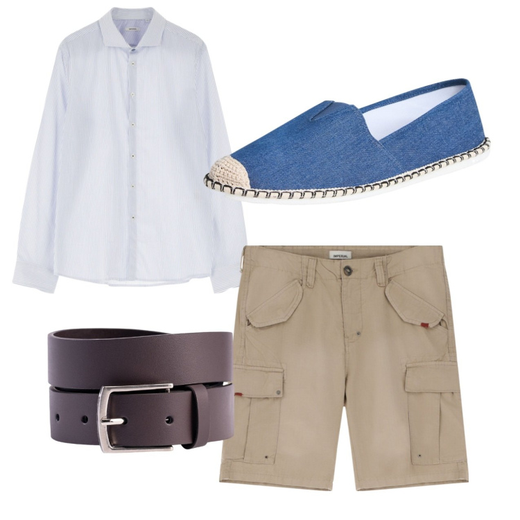 Outfit uomo - Total look. Stile Casual per Tutti i giorni. Abbinamento con espadrillas, camicie, bermuda, cinture.