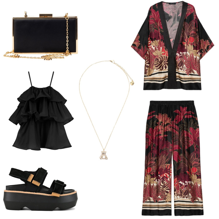 Outfit donna - Settembre - invitata ad una festa.. Stile Chic per Serata fuori. Abbinamento con pochette, vestiti corti, ciondoli, pantaloni, sandali col tacco, kimono.