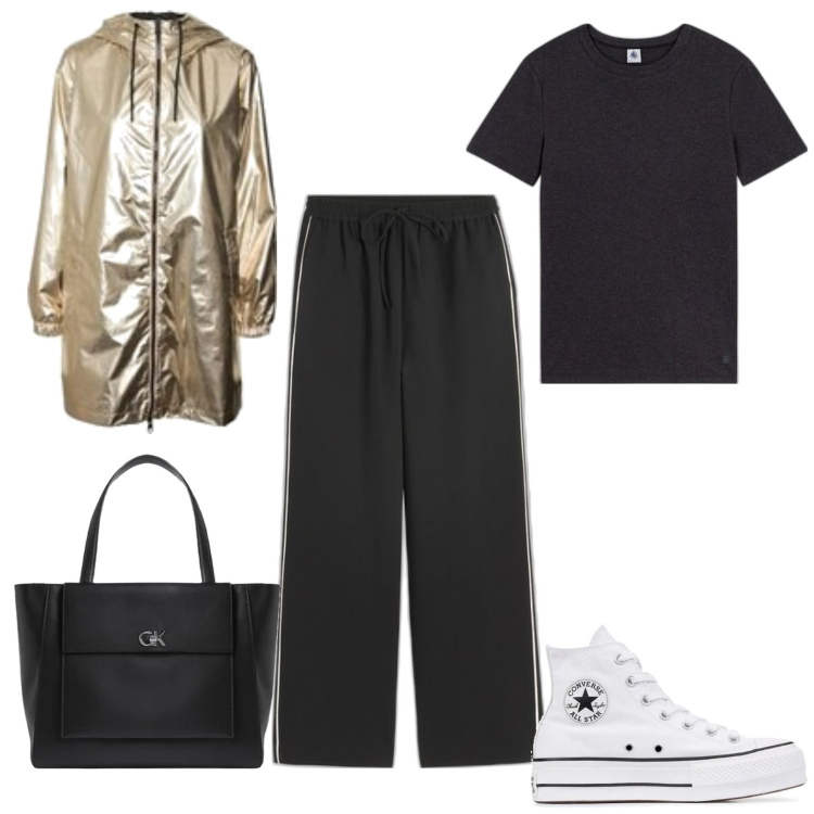 Outfit mujer - Urban #5080. Estilo Urban para Todos los días. Combinación con sneakers, trench, pantalones, bolso tote, camiseta.