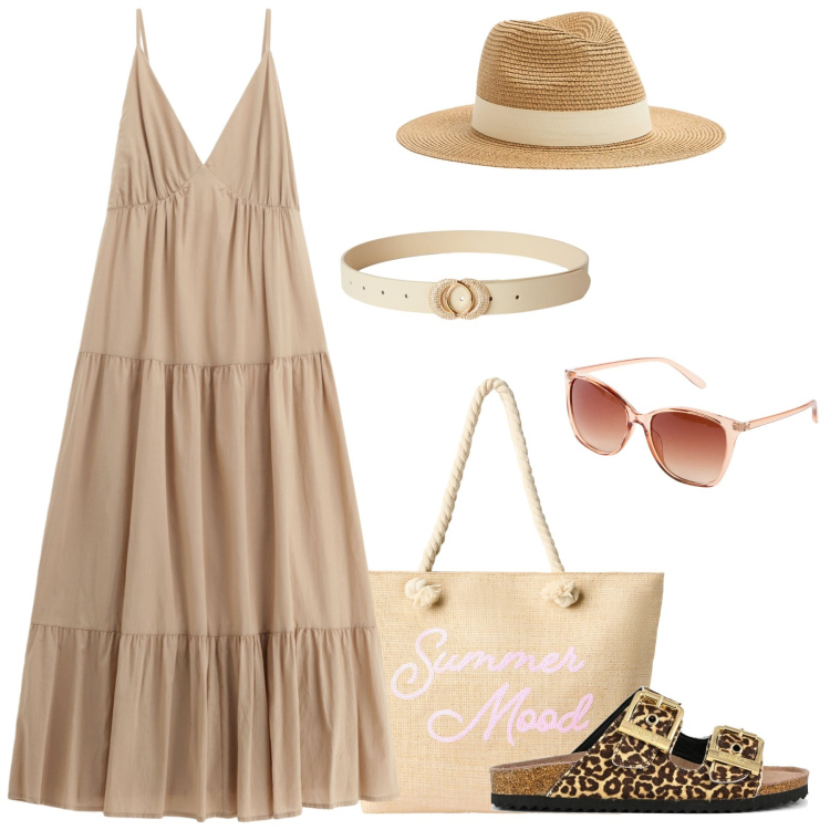 Outfit donna - Giornata in un borgo estivo. Stile Glamour per Tutti i giorni. Abbinamento con occhiali da sole, cappelli, cinture, borse tote, vestiti lunghi, sandali in pelle.