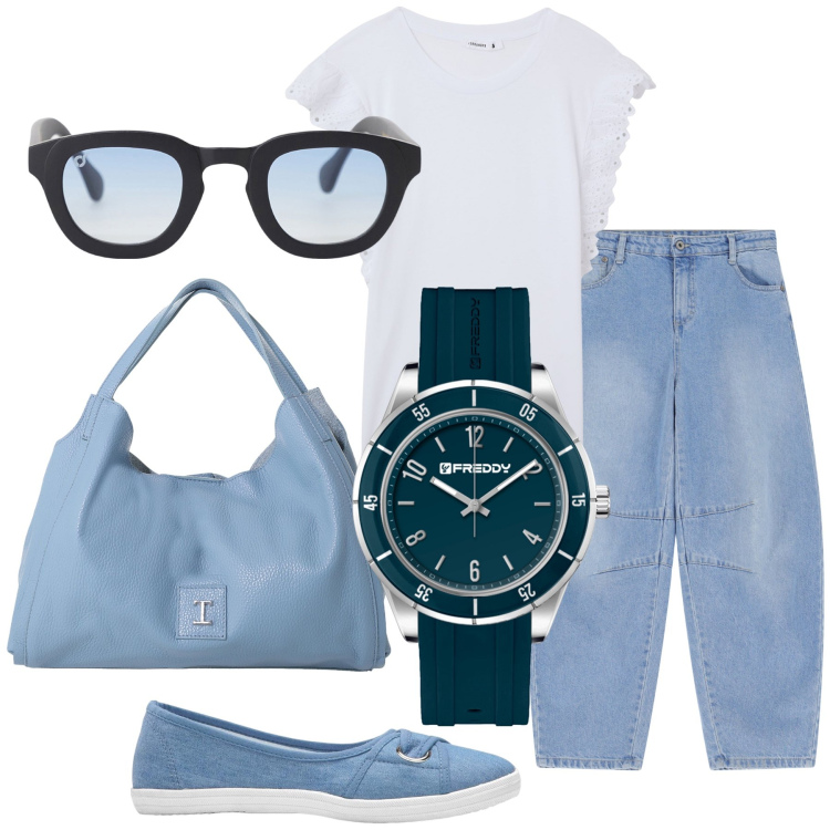 Outfit donna - E ‘ sempre l ora della passeggiata. Stile Casual chic per Tutti i giorni. Abbinamento con ballerine, t-shirt, jeans, occhiali da sole, pochette, orologi.