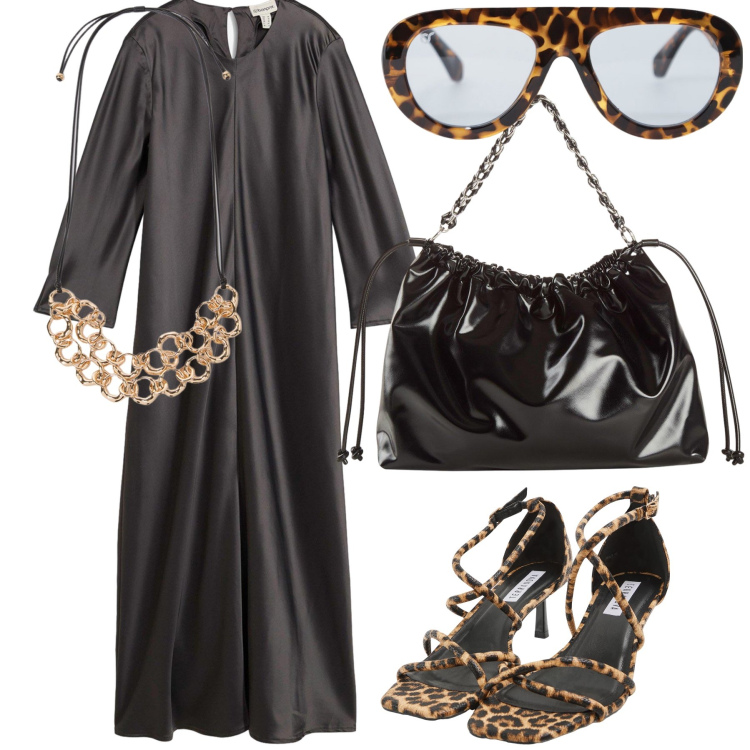 Outfit donna - A cena con i colleghi per ritrovarsi. Stile Glamour per Serata fuori. Abbinamento con vestiti midi/longuette, shopping bag, sandali col tacco, occhiali da sole, collane.
