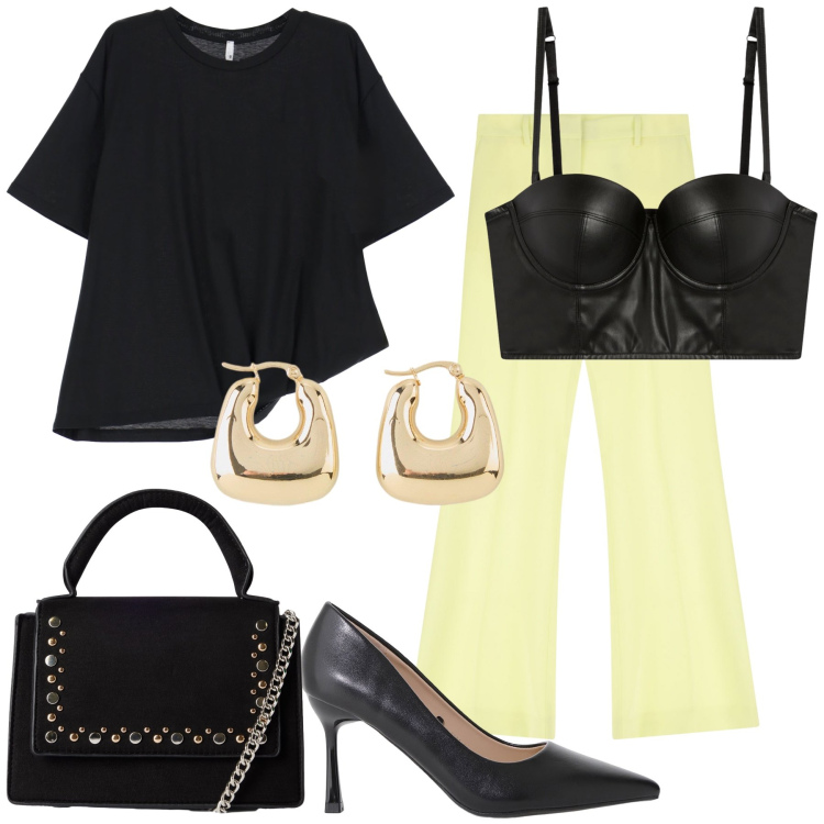 Outfit donna - Intimamente sexy. Stile Chic per Serata fuori. Abbinamento con orecchini, borse a tracolla, bralette, décolleté, t-shirt, pantaloni.