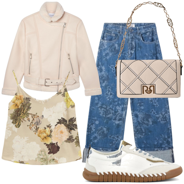 Outfit donna - In montagna oggi al ristorante. Stile Casual chic per Tutti i giorni. Abbinamento con bomber, jeans dritti, borse a tracolla, top, sneakers.