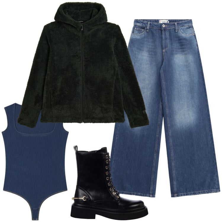 Outfit donna - In montagna fa freddo. Stile Casual chic per Tutti i giorni. Abbinamento con anfibi, jeans, felpe con cappuccio, body.