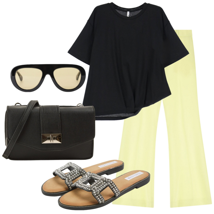 Outfit donna - Le ciabattine gioiello. Stile Casual per Tutti i giorni. Abbinamento con ciabatte, borse a tracolla, t-shirt, pantaloni, occhiali da sole.
